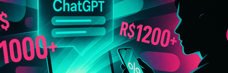 Ilustração digital em estilo futurista mostrando um laptop com holograma do ChatGPT, valores em reais como R$1000+ e R$1200+ flutuando ao redor, e a silhueta de um usuário observando preocupado.
