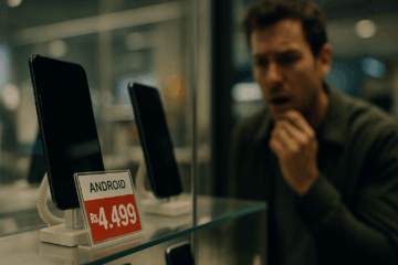 Fotografia realista em estilo editorial mostrando um smartphone Android em exposição dentro de uma loja de eletrônicos, com etiqueta de preço em destaque marcando R$ 4.499; ao fundo, um cliente observa surpreso e preocupado.