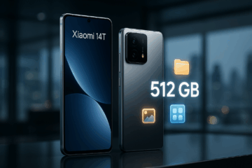 Imagem realista do Xiaomi 14T exibido em vitrine moderna com destaque para 512 GB de armazenamento