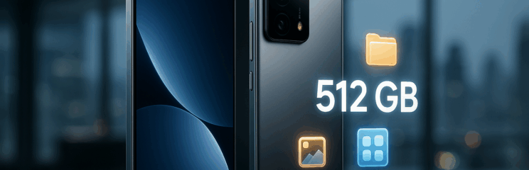 Imagem realista do Xiaomi 14T exibido em vitrine moderna com destaque para 512 GB de armazenamento