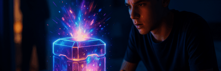 Um jovem gamer joga em um quarto escuro enquanto uma loot box brilhante e colorida flutua à sua frente, iluminando seu rosto; ao fundo, a silhueta de um adulto observa na porta.