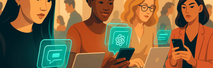 Quatro mulheres de diferentes etnias usando laptops e celulares em um café moderno, com ícones digitais representando o ChatGPT pairando no ar.