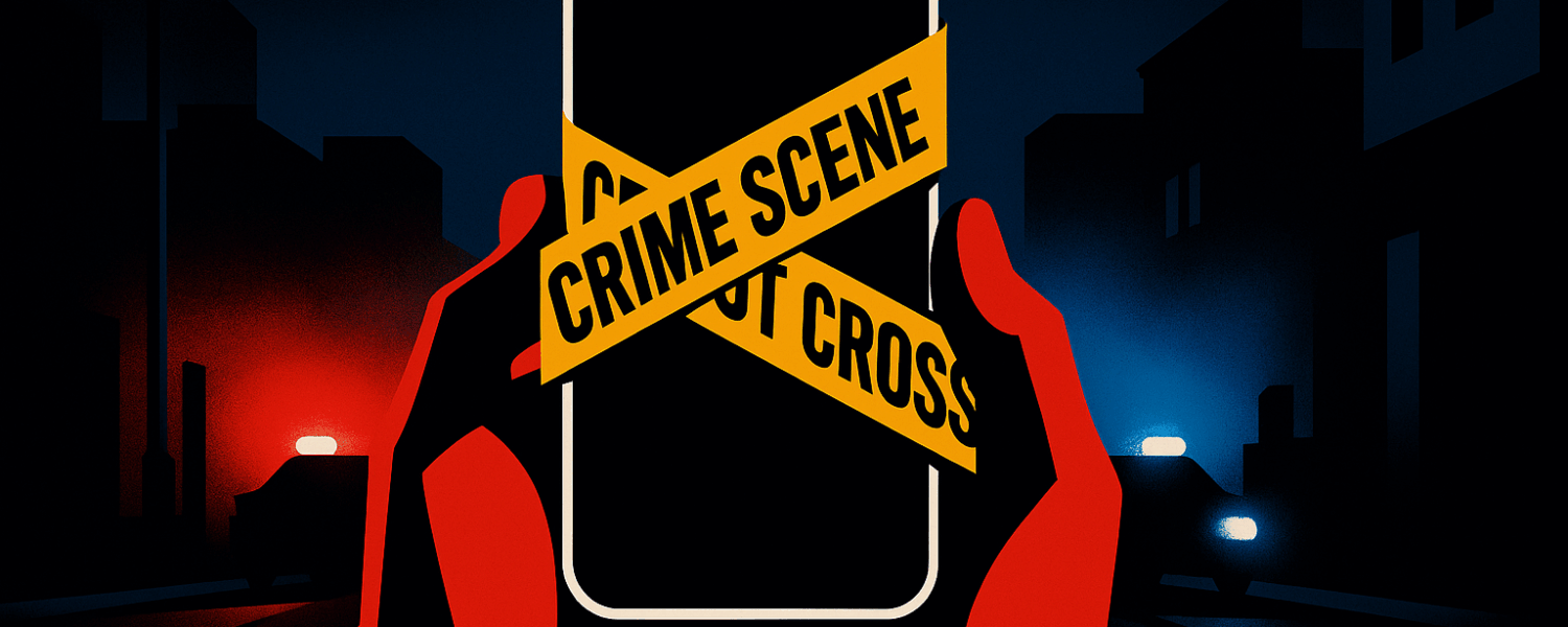 Ilustração digital em estilo minimalista mostra mãos vermelhas segurando um smartphone coberto por fita amarela de cena de crime, com carros de polícia ao fundo iluminando a rua com luzes vermelhas e azuis.