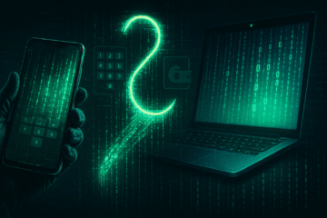 Arte digital estilo glitch mostra um smartphone conectado a um laptop por um gancho luminoso em forma de código, simbolizando roubo de dados e criptomoedas