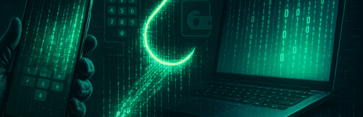 Arte digital estilo glitch mostra um smartphone conectado a um laptop por um gancho luminoso em forma de código, simbolizando roubo de dados e criptomoedas