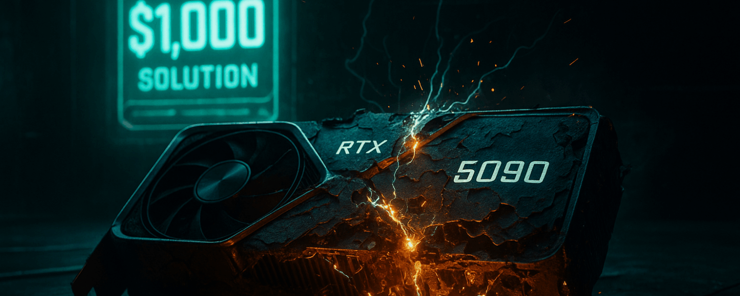 Imagem cinematográfica de uma placa de vídeo Nvidia RTX 5090 queimada e rachada, soltando faíscas laranjas sobre uma superfície metálica, com um holograma verde no fundo exibindo a recompensa de $1.000 pela solução do problema.