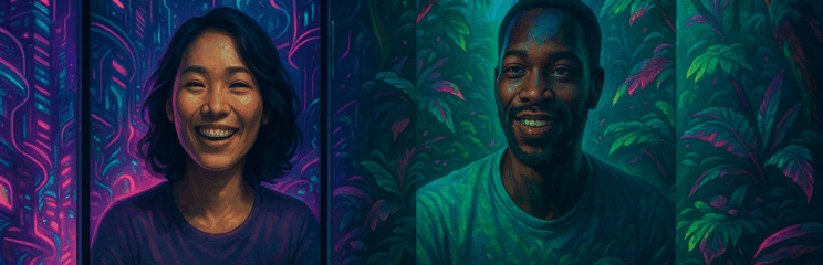 Ilustração digital mostra duas pessoas em uma chamada de vídeo no WhatsApp, cada uma com um cenário gerado por IA ao fundo: uma em uma cidade cyberpunk neon, a outra em uma selva alienígena luminosa, com cores vibrantes em estilo futurista.