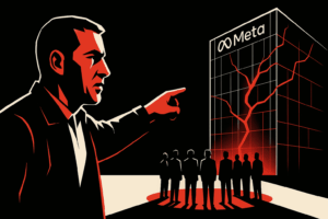 Ilustração minimalista mostrando um ex-chefe de segurança apontando para o prédio da Meta rachado, com luzes vermelhas de alerta, enquanto executivos em sombra formam um círculo ritualístico.