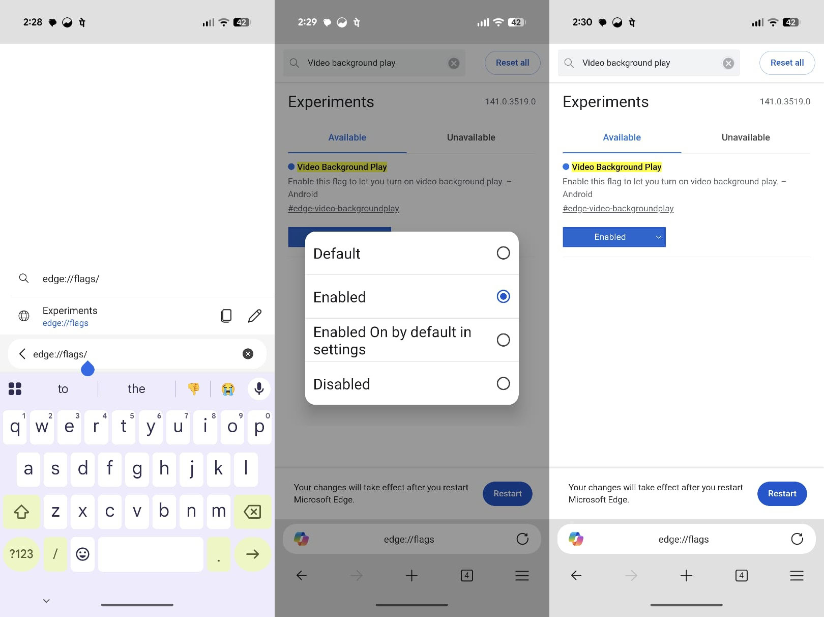 Microsoft Edge no Android permite YouTube em segundo plano sem premium 1 Captura de tela das flags do Edge Canary mostrando a opção 'Background video playback' habilitada