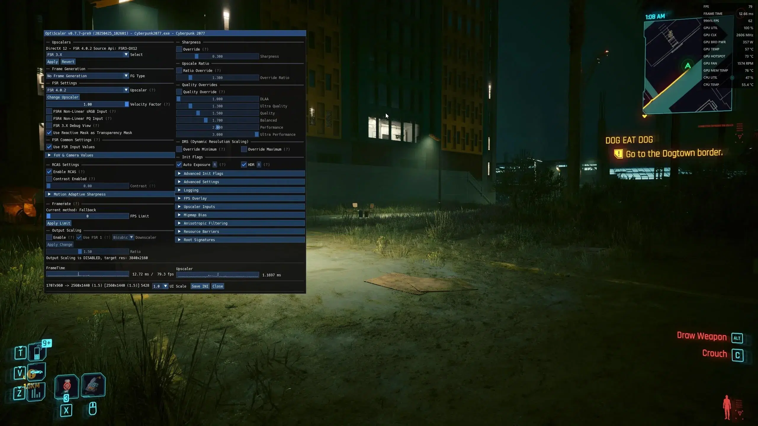 FSR 4 agora funciona em GPUs RDNA 2, RDNA 3 e RTX 30 no Windows: veja como 4 Tela do software OptiScaler com configuração FSR 4 em jogo Cyberpunk 2077 rodando em GPU AMD RX 7900 XTX