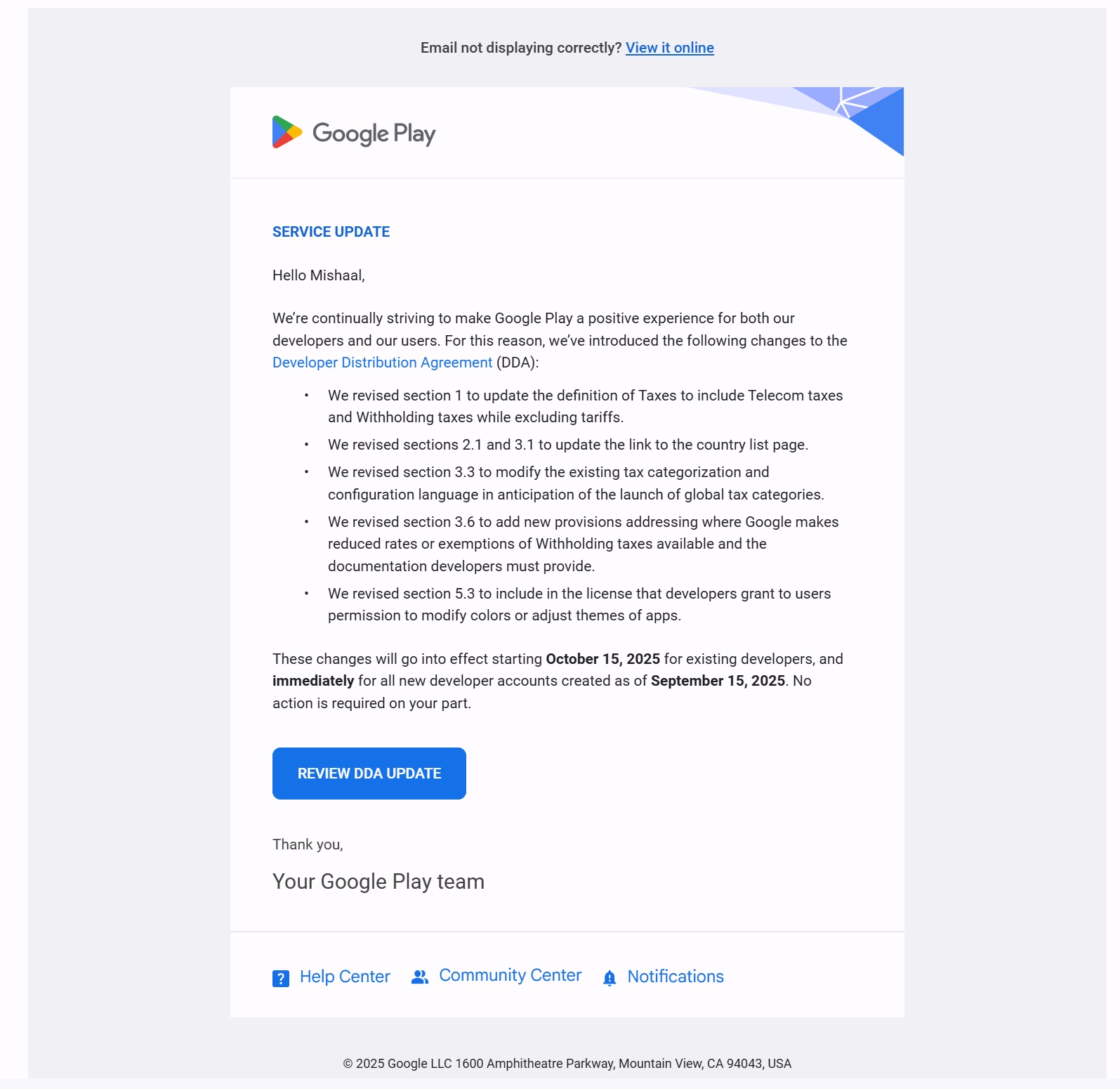 Google Play agora exige que todos os apps tenham ícones temáticos no Android 2 Captura de tela de email corporativo da atualização do contrato de distribuição do Google Play, com texto e cabeçalho azul e botão azul destacado