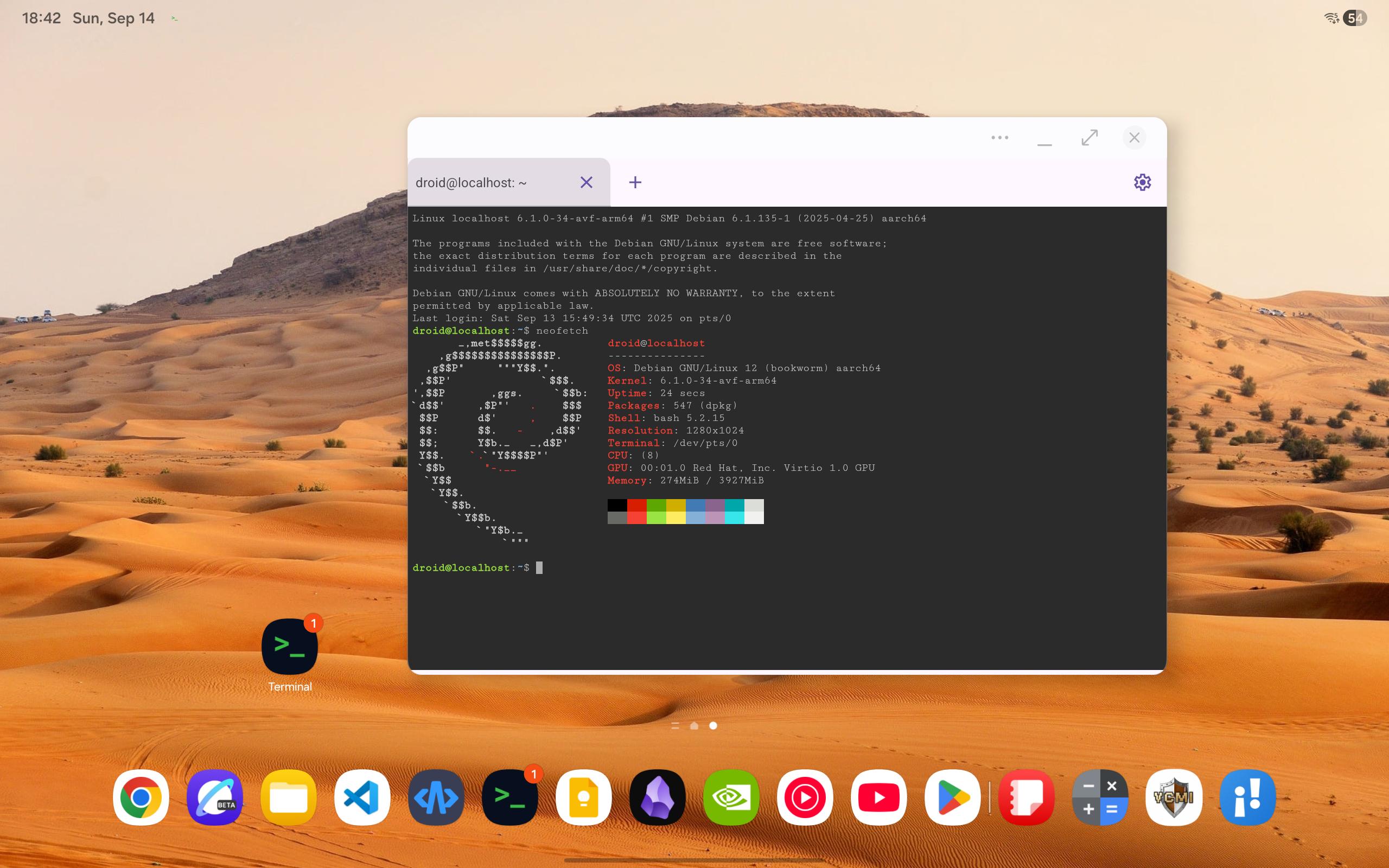 Galaxy Tab S11 transforma-se em um poderoso computador Linux com novo recurso 1 Tela de tablet Galaxy Tab S11 executando o aplicativo Linux Terminal com informações do sistema Debian e interface moderna de terminal