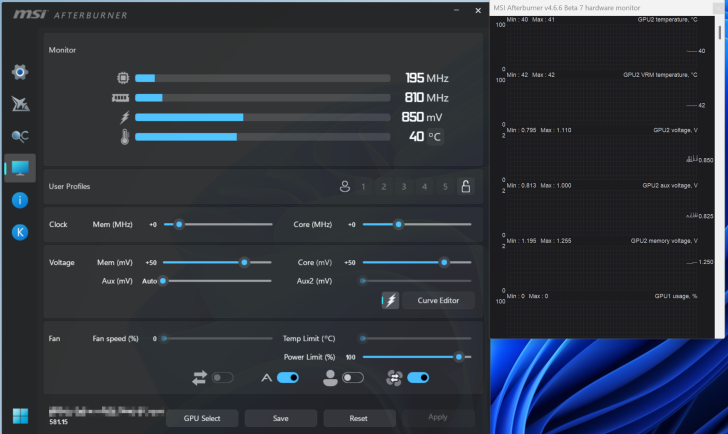 Desenvolvedor do MSI Afterburner testará amostras da GPU RTX 50 "OC" com controle de voltagem desbloqueado 1 Interface do MSI Afterburner Beta mostrando controles de clock, voltagem e monitoramento de hardware em tema escuro.