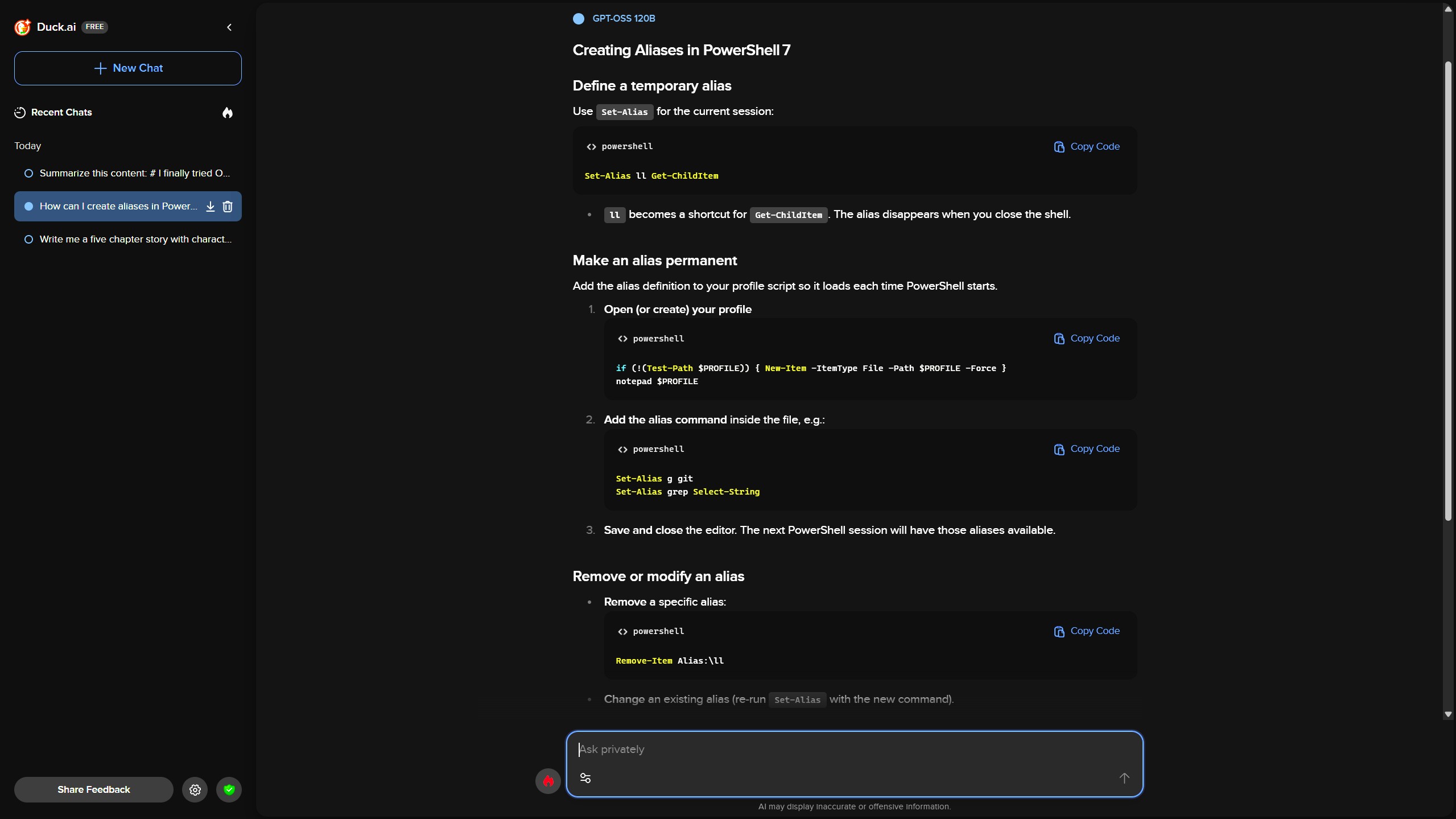 GPT-OSS:120B agora acessível sem hardware de ponta via Duck.ai 1 Interface da web Duck.ai mostrando bate-papos recentes e tutorial técnico sobre PowerShell 7 em tema escuro