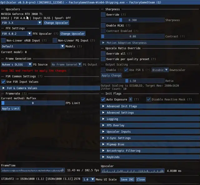 FSR 4 agora funciona em GPUs RDNA 2, RDNA 3 e RTX 30 no Windows: veja como 3 Interface da ferramenta OptiScaler com configurações de upscaling FSR 4 em GPU NVIDIA RTX 3060 Ti