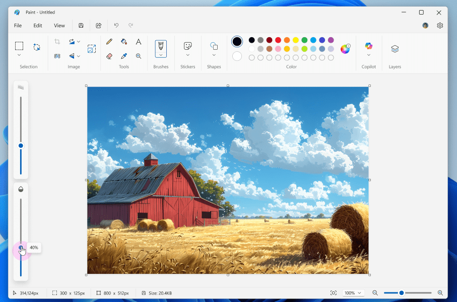 Microsoft Paint ganha arquivos editáveis e recursos inspirados no Photoshop 2 Captura de tela do Microsoft Paint mostrando pintura de fazenda e controle de opacidade para pincel