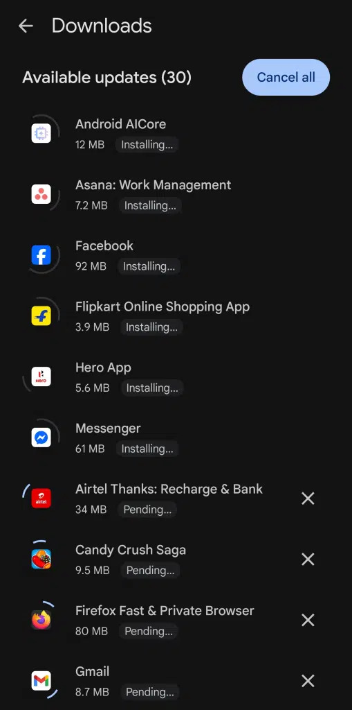 Tá adiando as atualizações dos seus apps? Essa novidade do Google Play Store pode te dar uma força 1 Tela de downloads simultâneos na Google Play Store mostrando vários apps sendo instalados e outros pendentes