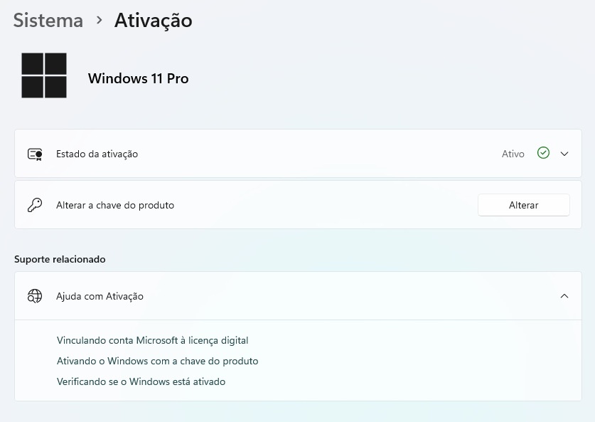 Microsoft pode acabar com revenda de chaves do Windows na Europa 1 Tela do Windows 11 Pro mostrando a seção de ativação do sistema com status ativo e opções para alterar a chave do produto.