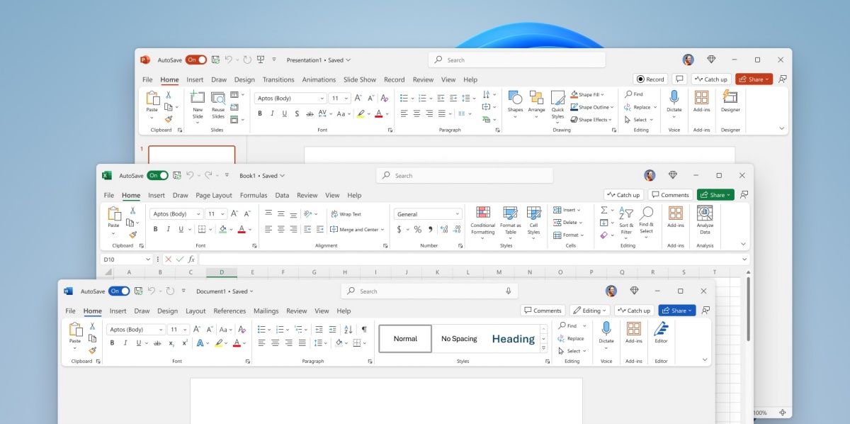 Microsoft pode acabar com revenda de chaves do Windows na Europa 2 Janelas sobrepostas do PowerPoint, Excel e Word do Pacote Microsoft Office com interface moderna.