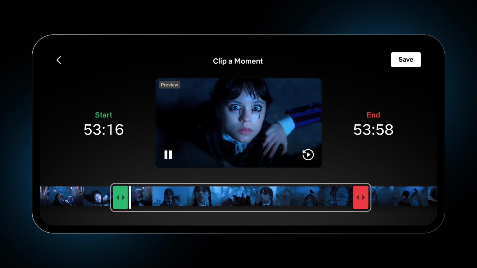 Tela do recurso "Clip a Moment" da Netflix mostrando a seleção de um trecho de vídeo entre os tempos 53:16 e 53:58, com prévia de uma cena e linha do tempo par…