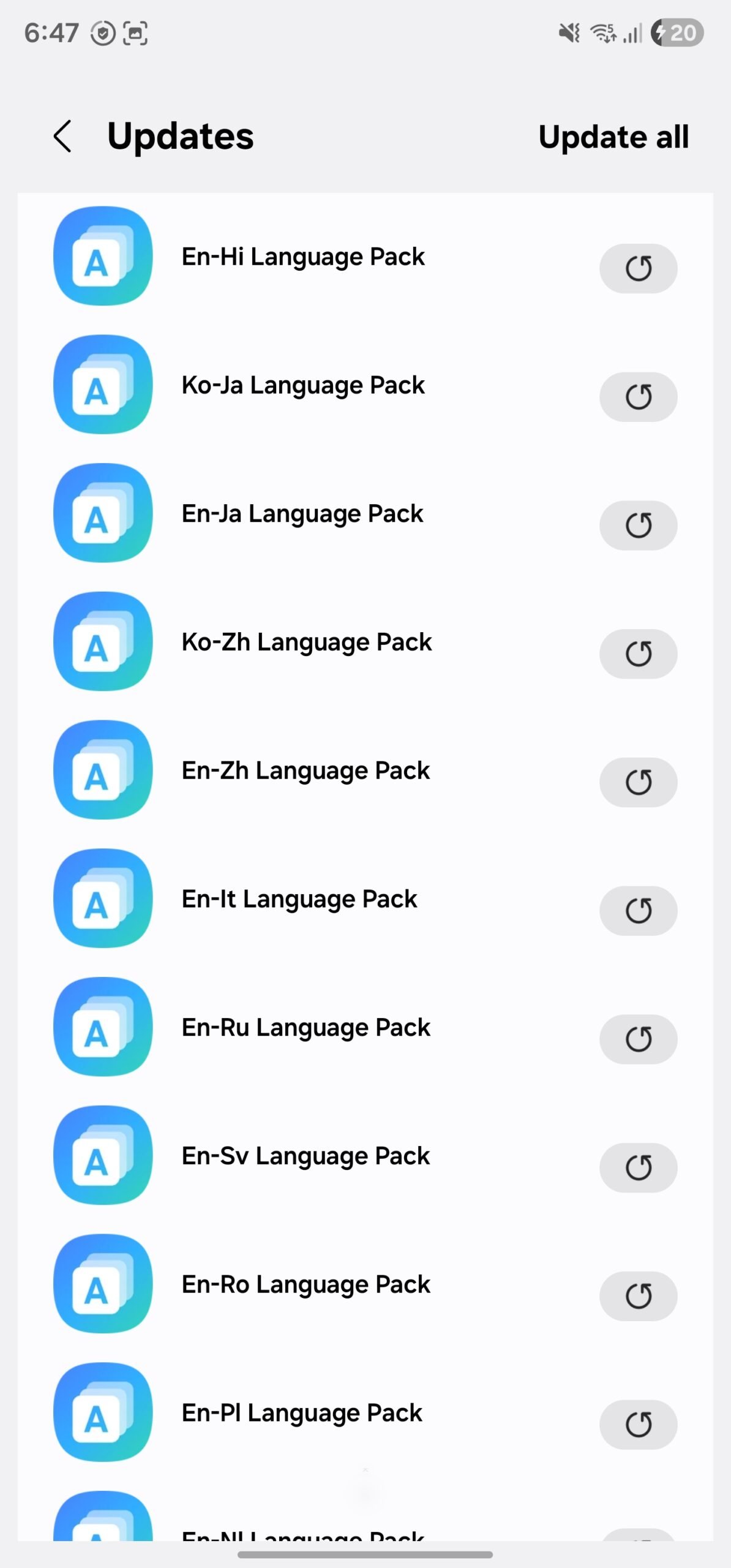 One UI 8.0: Samsung começa a liberar atualizações preparatórias para o lançamento oficial 1 Tela da Galaxy Store mostrando lista de pacotes de idiomas para atualização One UI 8.0 em dispositivo Samsung