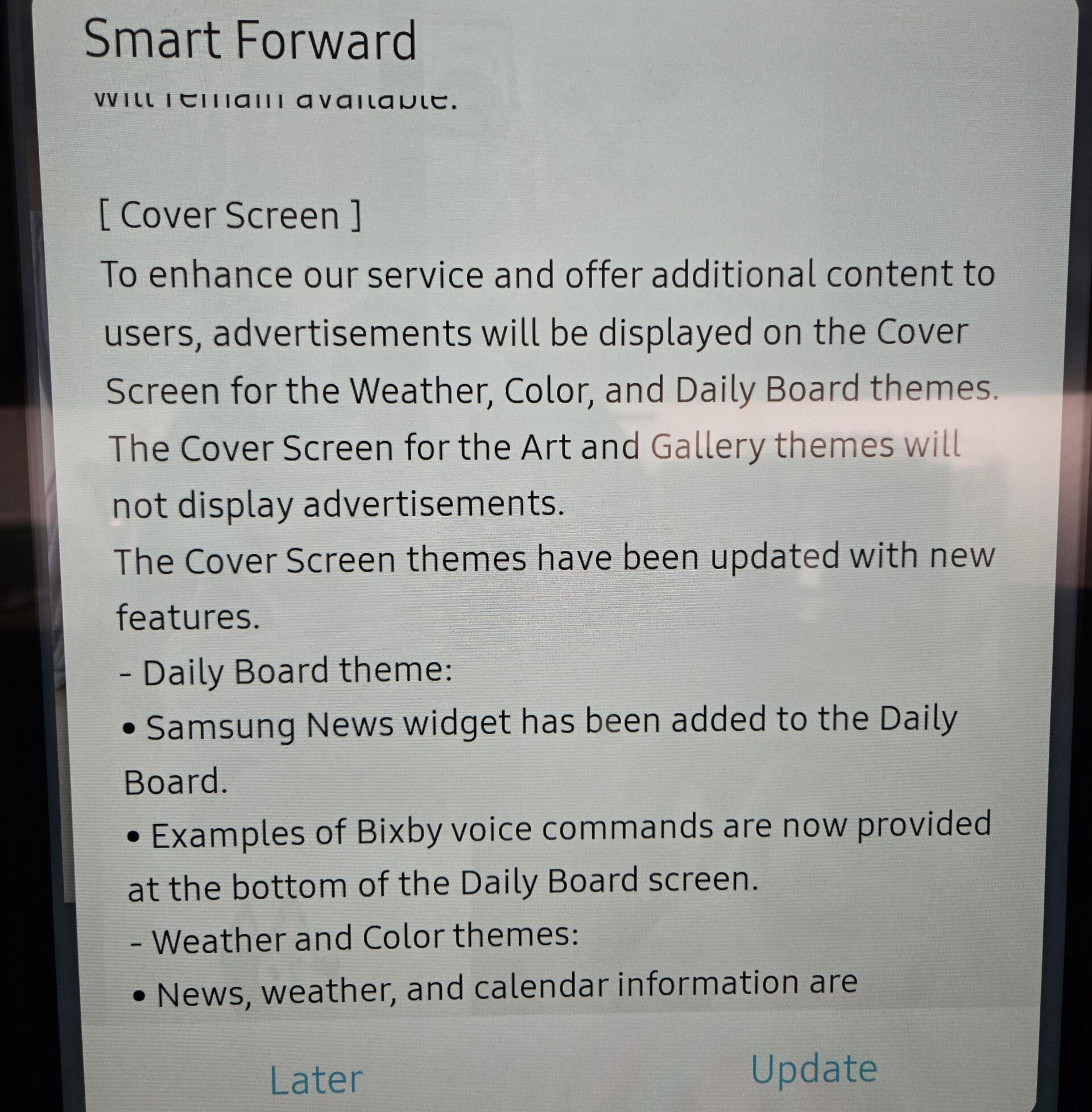 Anúncios vão invadir as geladeiras da Samsung. Entenda 1 Tela de atualização de software mostrando anúncios em refrigerador Samsung com display inteligente
