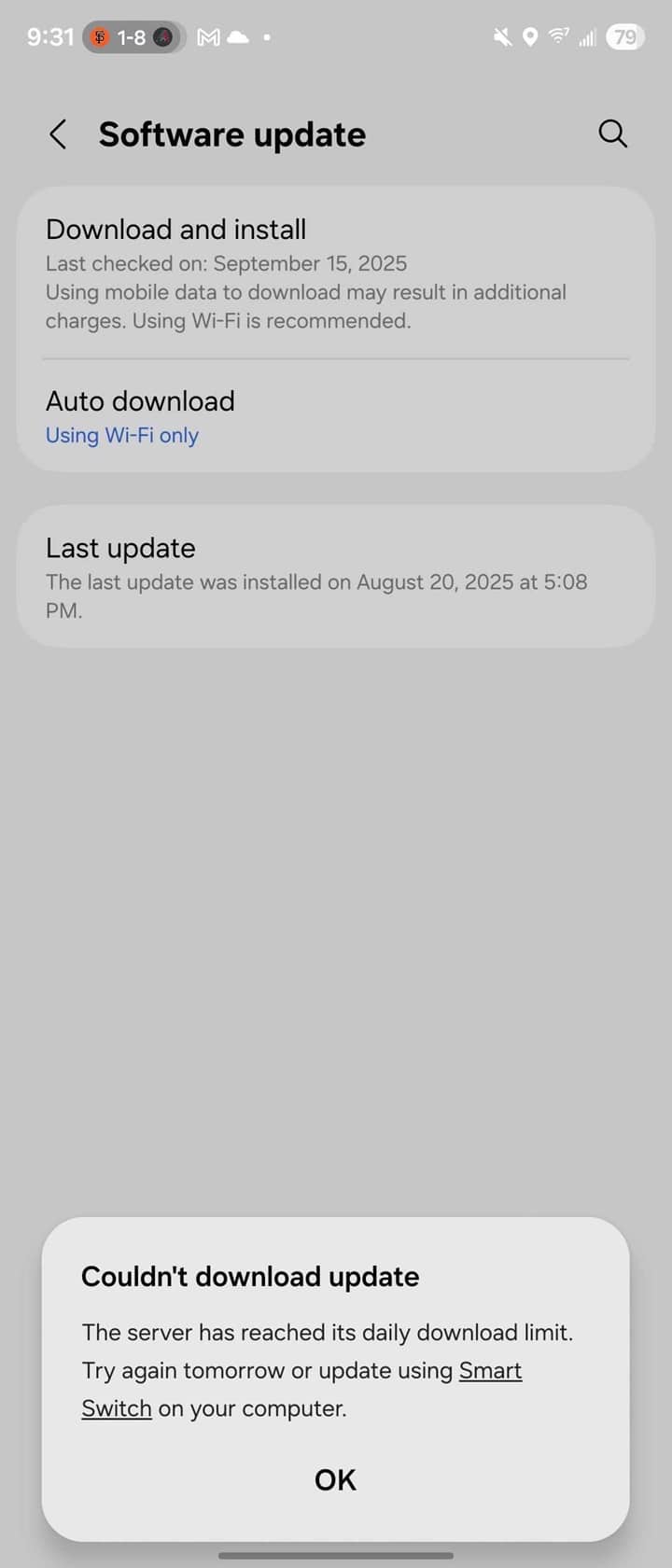 Donos de Galaxy reclamam: erro impede atualização de software dos celulares Samsung 1 Mensagem de erro de atualização no Samsung Galaxy indicando limite diário atingido nos servidores