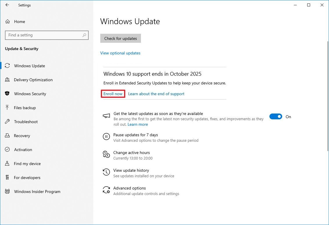 Windows 10 deixará de receber suporte: o que você deve fazer agora para proteger seu PC 2 Tela de Configurações do Windows 10 na seção Windows Update com opções de atualização e inscrição no programa ESU