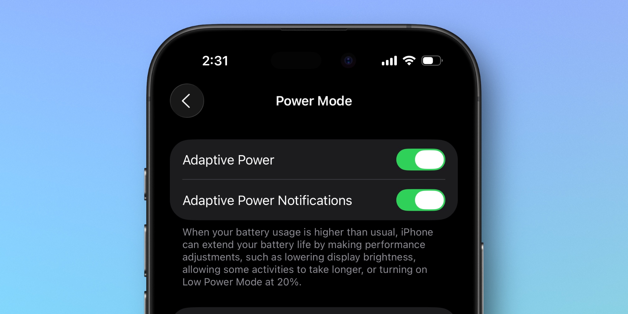 O iPhone 17 traz um novo modo de bateria que aprende o seu uso diário 1 Tela do iPhone mostrando o menu Adaptive Power em modo escuro com opções ativadas e explicação das otimizações de bateria