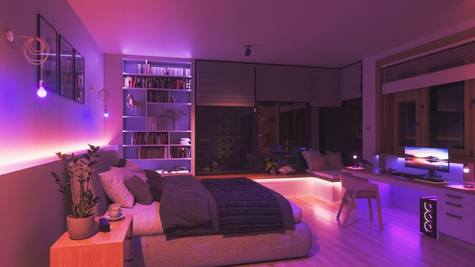Quarto iluminado com luz roxa e rosa de lâmpadas e fitas LED RGB, com cama, estante de livros e mesa com monitor e PC gamer