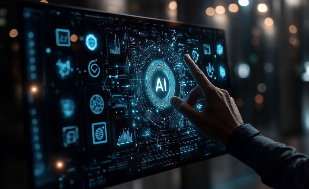 IA na educação: 9 em cada 10 jovens brasileiros já usam a tecnologia para estudar 1 Robô humanoide branco em sala de aula futurista apontando para quadro-negro com fórmulas matemáticas