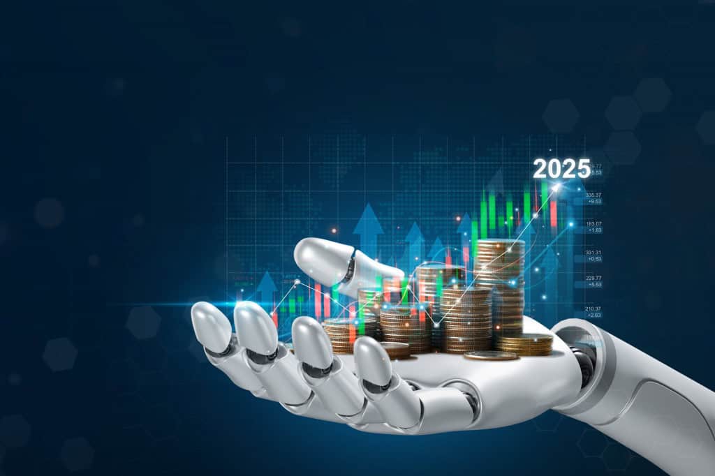 GPT-5 foi testado como consultor financeiro e se saiu melhor que muitos especialistas 2 Mão robótica segurando moedas metálicas sobre fundo com gráficos financeiros digitais azuis