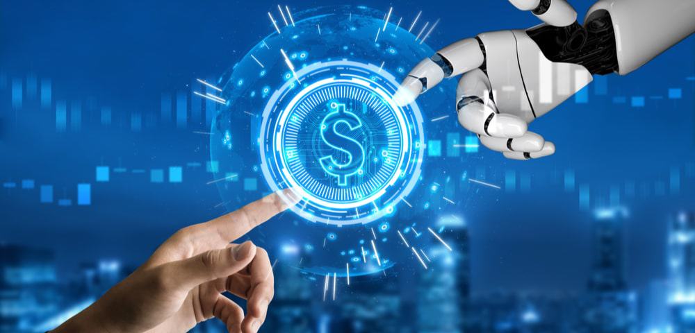 GPT-5 foi testado como consultor financeiro e se saiu melhor que muitos especialistas 1 Interface digital holográfica azul com símbolo de dólar, dedo humano e mão robótica interagindo em cenário de tecnologia financeira