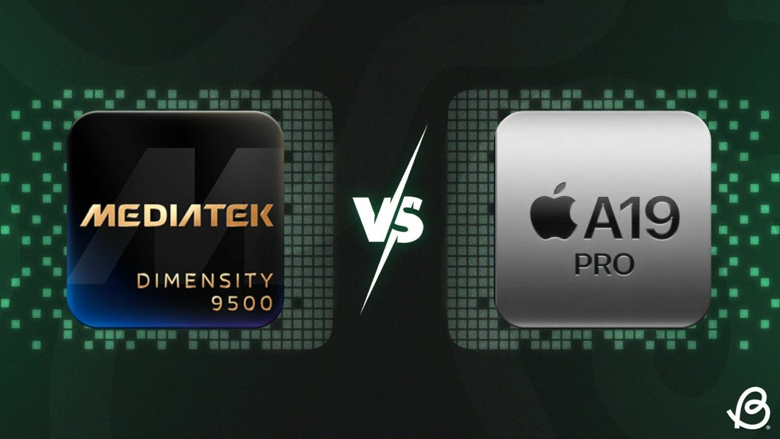 Comparativo entre os chips MediaTek Dimensity 9500 e Apple A19 Pro, lado a lado com o símbolo VS no centro