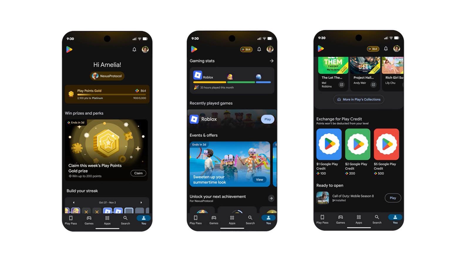 Google Play Store recebe atualização com IA e nova aba personalizada 1 Interface da nova aba You do Google Play Store exibida em smartphones com tema escuro mostrando Play Points e estatísticas de jogos