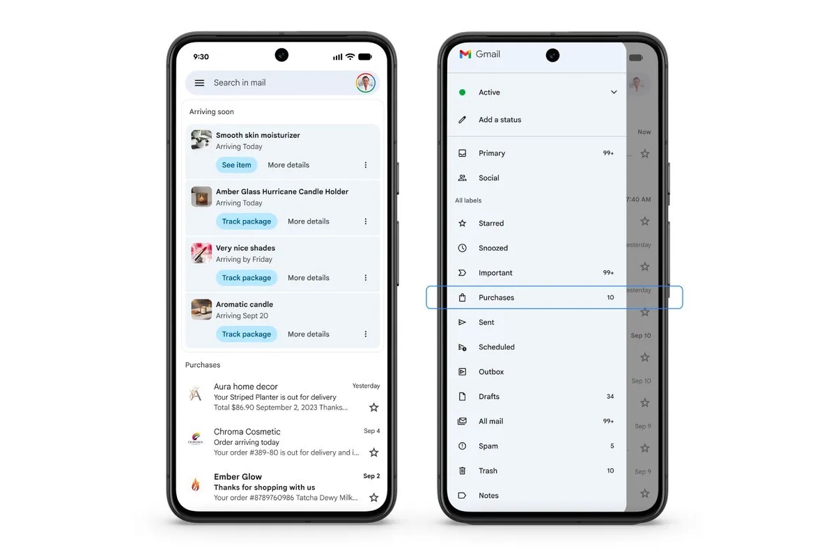Gmail lança aba exclusiva para monitorar compras e entregas rapidamente 2 Smartphone exibindo a interface do aplicativo Gmail com várias abas de organização de emails