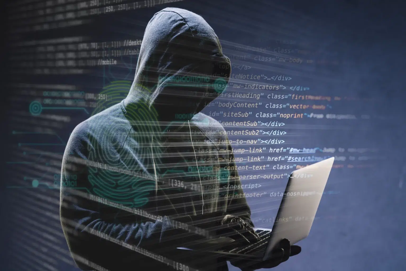 Homem encapuzado digitando em notebook sobre fundo com código de programação e impressão digital verde sobreposta