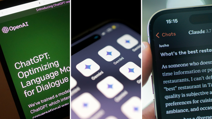 ChatGPT responde 78% de perguntas de alto risco para saúde mental 1 Tríptico mostrando telas de ChatGPT, ícones de apps de IA em smartphone e interface de chat da Claude 3.7