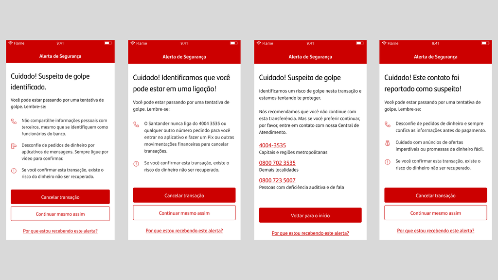Santander agora alerta quando uma chave Pix é suspeita no app 1 Capturas de tela do aplicativo Santander mostrando alertas de segurança para chaves Pix suspeitas com recomendações de proteção contra golpes.