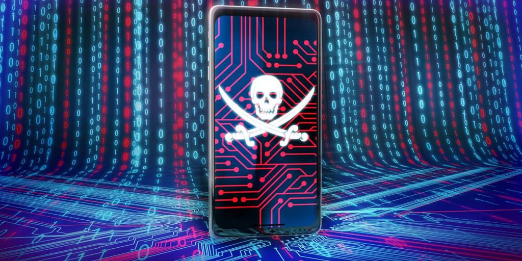 1 em cada 3 apps Android expõe seus dados: por que isso acontece? 1 Smartphone com tema gráfico de segurança cibernética mostrando caveira branca e padrões digitais vermelhos e azuis