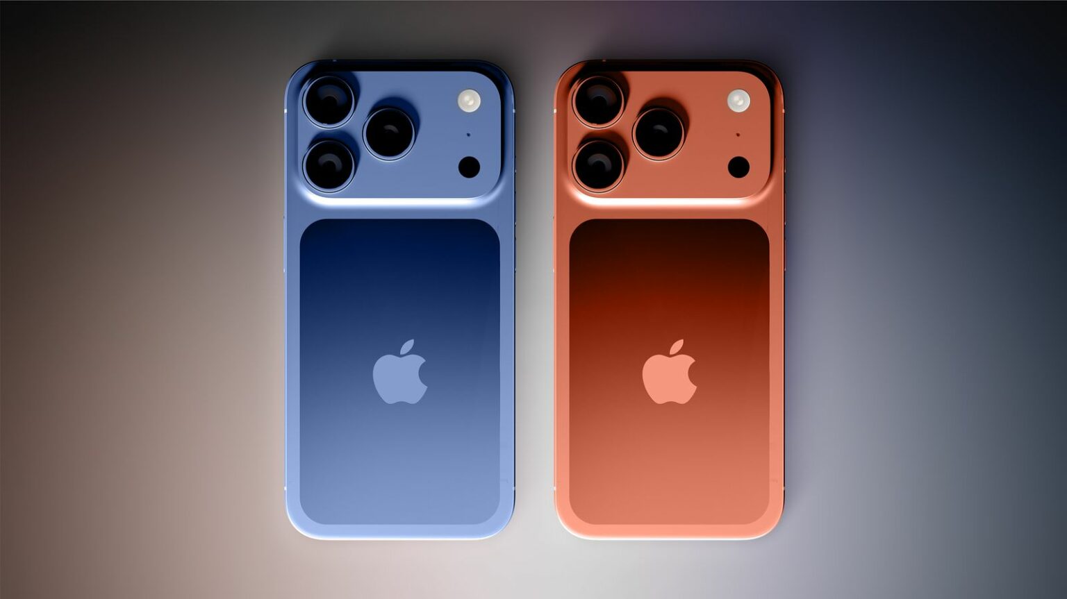 Dois iPhones lado a lado, um azul e outro laranja, mostrando a traseira com o conjunto de câmeras e o logo da Apple