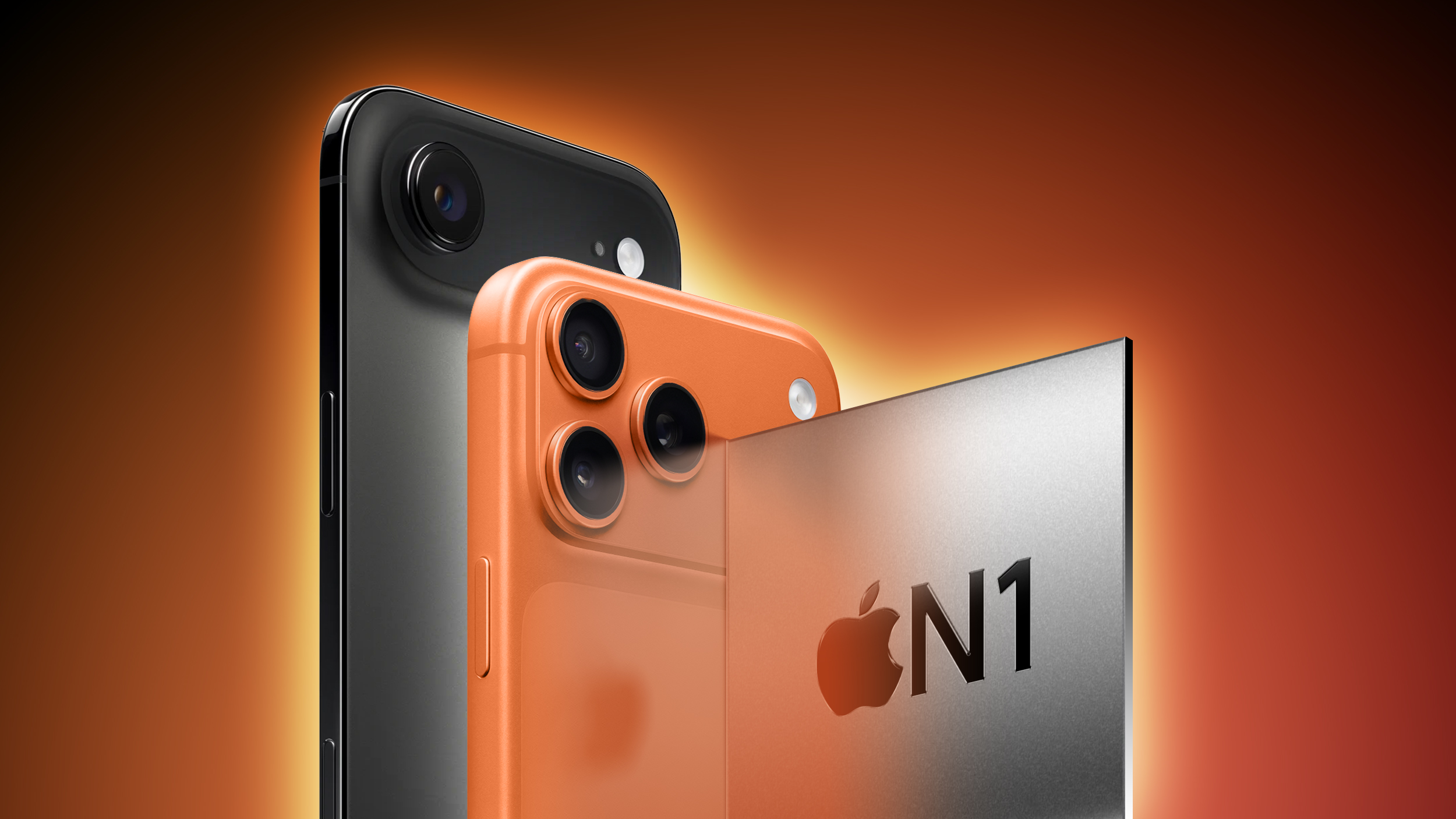 Problemas de Wi-Fi no iPhone 17: o que está acontecendo com os novos modelos? 1 Renderização 3D de dois iPhones modelo 17 em cores laranja e preto com chip Apple N1 em destaque