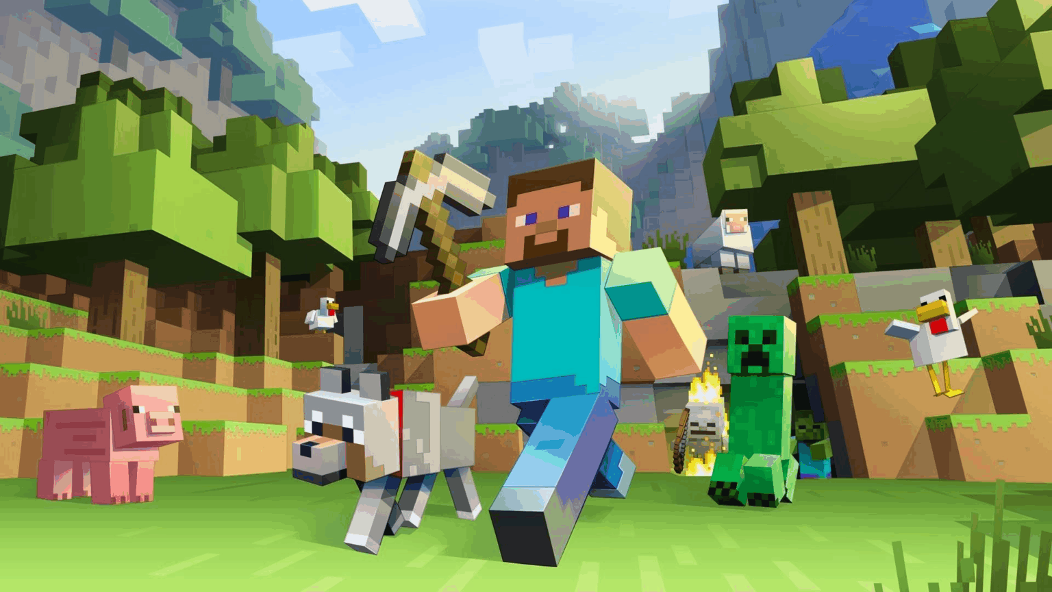 Personagem de Minecraft com picareta de pixels, ao lado de lobo, porco, galinha e Creeper em cenário de blocos verdes