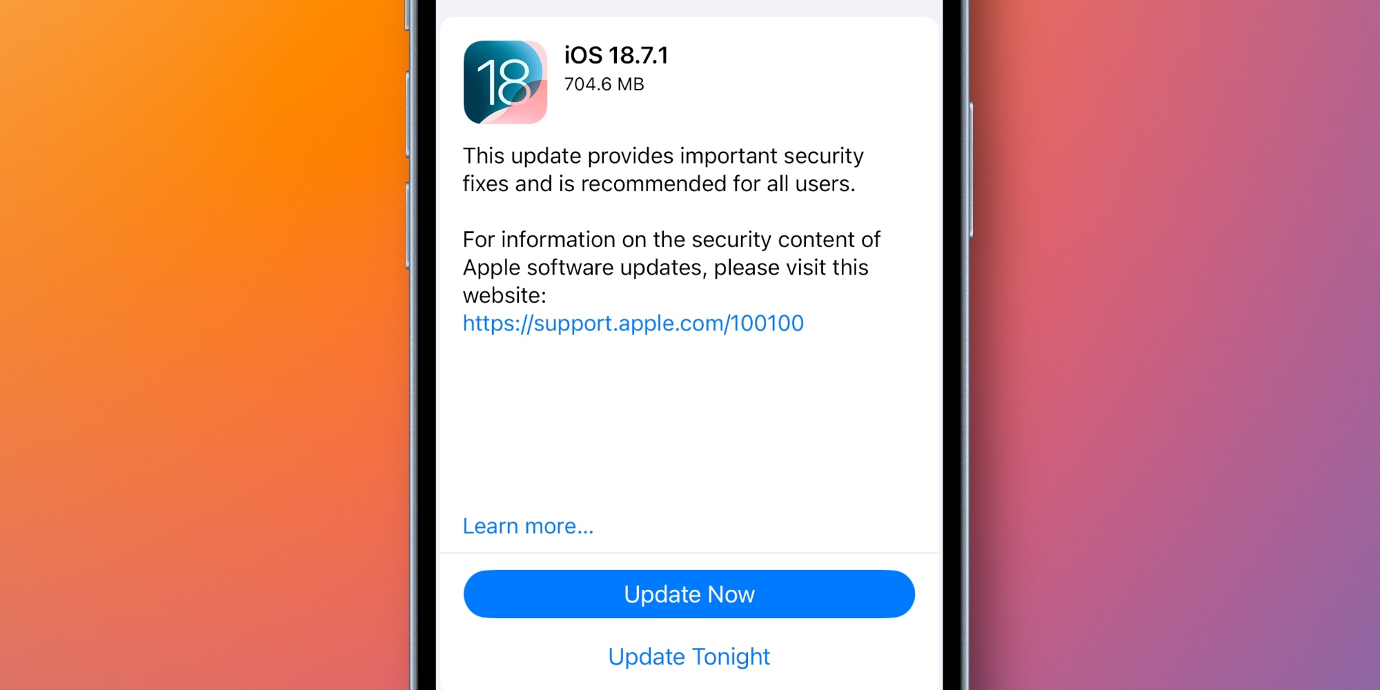 iOS 18.7.1 traz correção de segurança crucial para iPhones antigos que não tem iOS 26 1 Tela de atualização do iOS 18.7.1 exibida em smartphone com botão de atualização