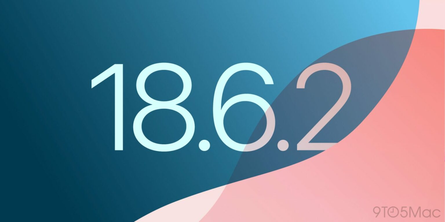 Ilustração com o número 18.6.2 em destaque sobre fundo degradê azul e rosa, com a marca 9to5Mac no canto inferior direito
