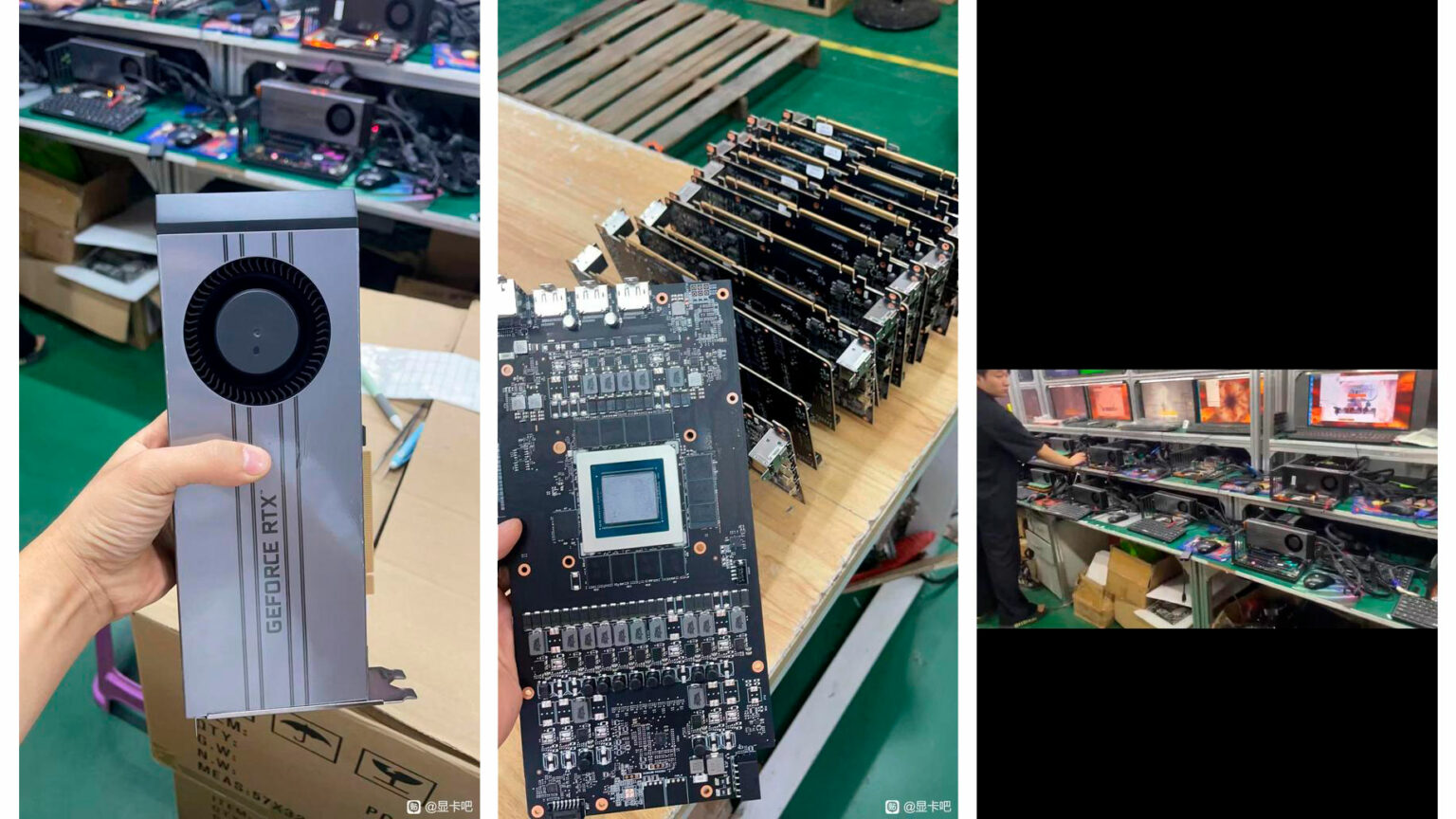 Mão segurando placa de vídeo GeForce RTX com cooler de ventilador, ao lado de placas nuas e de uma linha de montagem com bancadas de teste