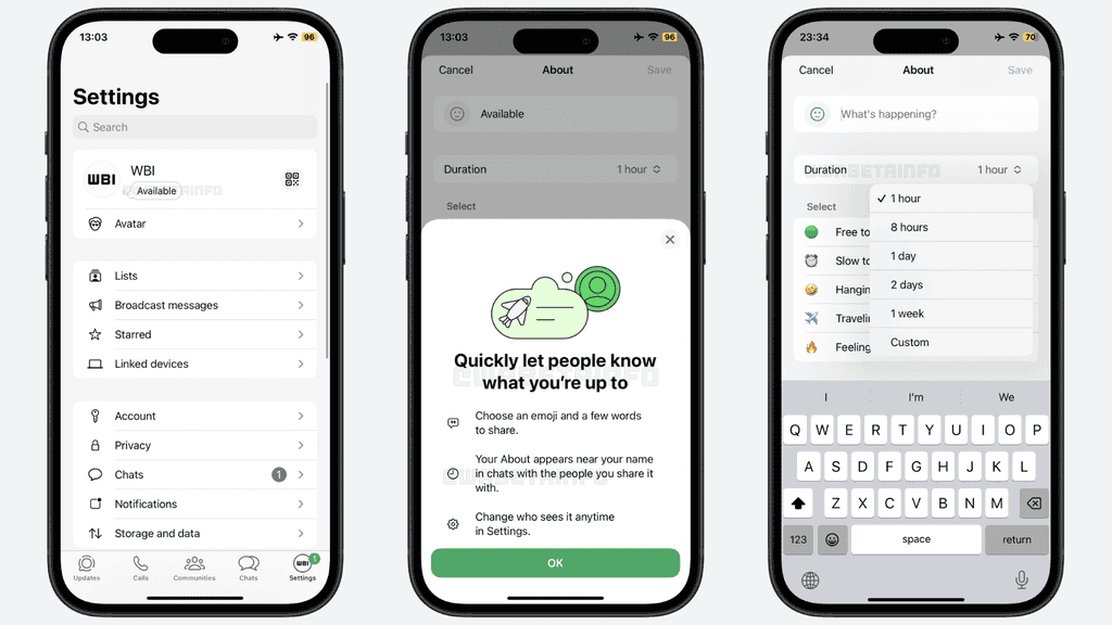WhatsApp testa status temporário no estilo MSN: veja como funciona 1 Captura de tela do WhatsApp mostrando opções de status temporário com durações predefinidas
