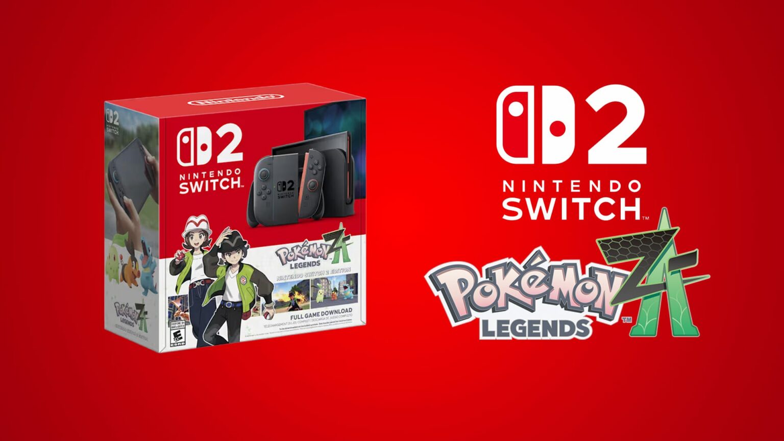 Caixa do Nintendo Switch 2 com Joy-Cons vermelho e preto e o jogo Pokémon Legends: Z-A em destaque, ao lado do logo oficial do console e do jogo sobre fundo ve…