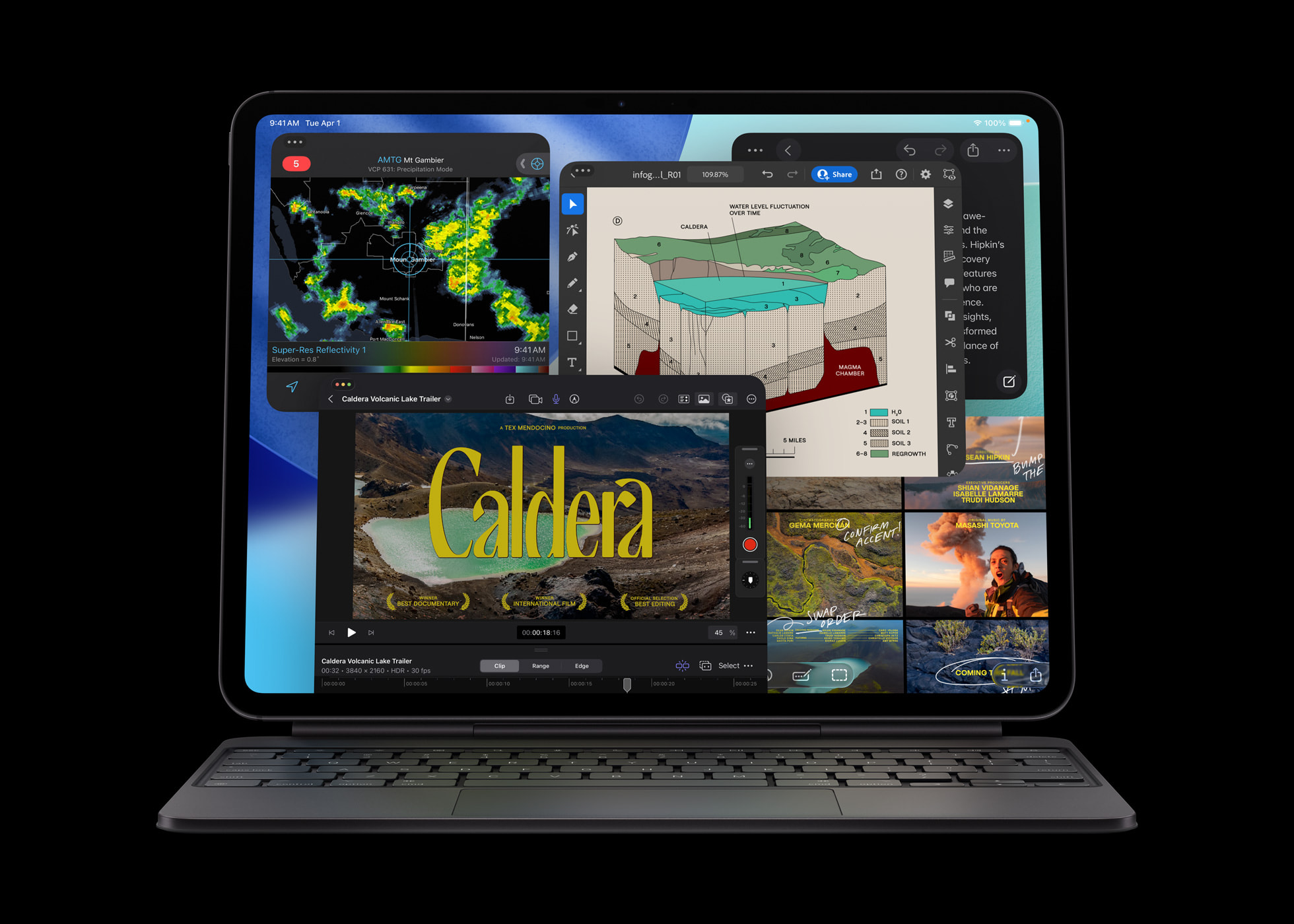 iPad Pro com teclado magnético exibindo várias janelas abertas, incluindo um mapa meteorológico, um diagrama geológico e o trailer do filme Caldera em edição d…