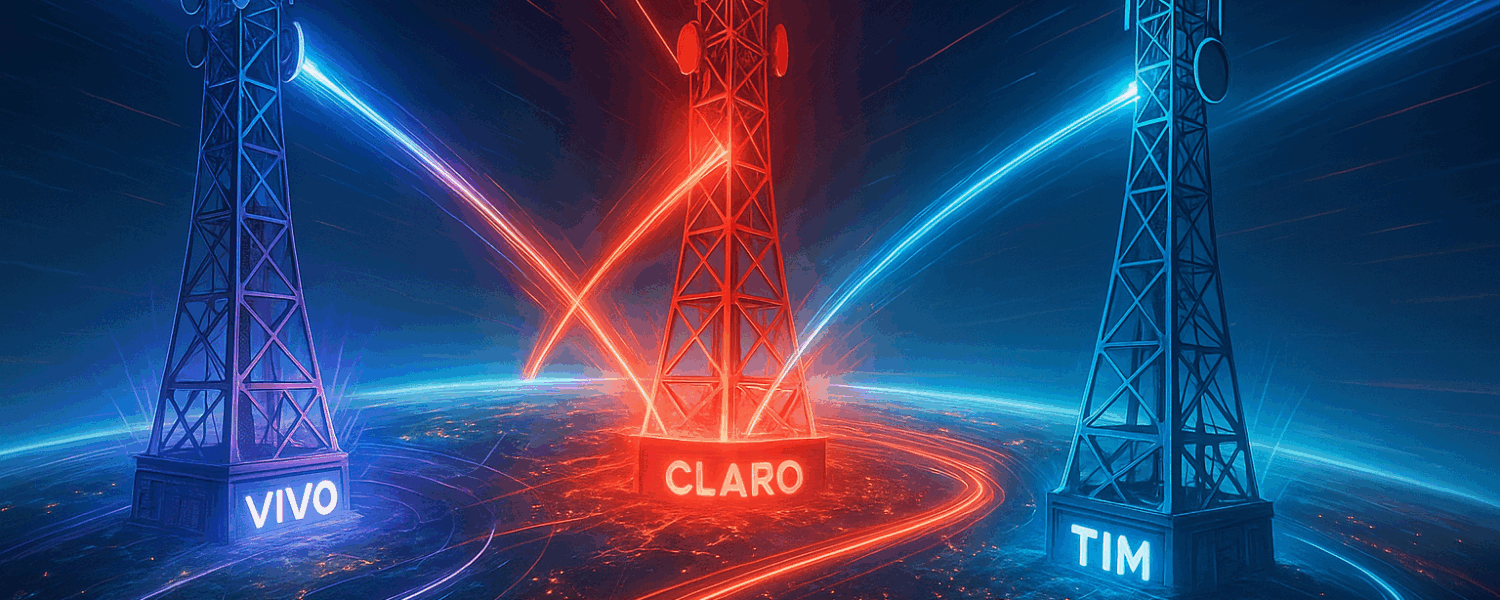 Ilustração futurista de três torres de telecomunicações representando Vivo, Claro e TIM, emitindo feixes de luz 5G que se cruzam sobre o planeta Terra à noite.